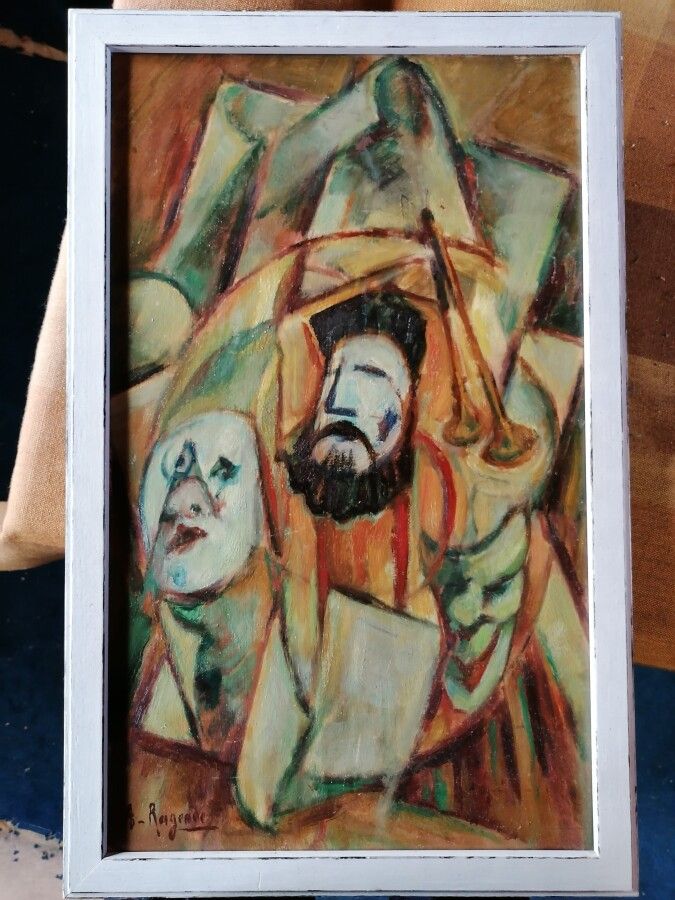 Null André RAGEADE "masques et trompette" huile sur panneau 54x32 cm