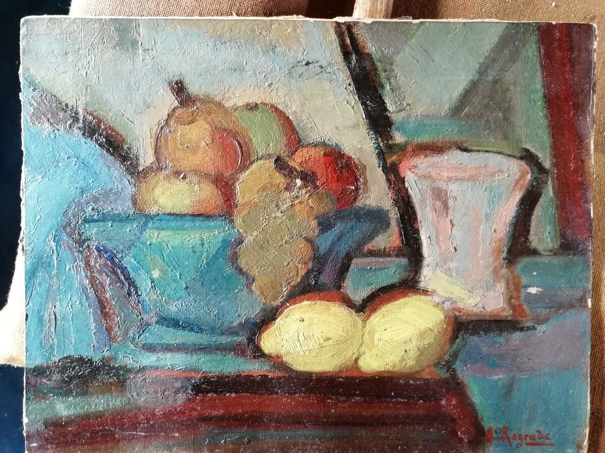 Null André RAGEADE《柠檬和葡萄的静物》，纸板油画，右下角签名 28x35 cm