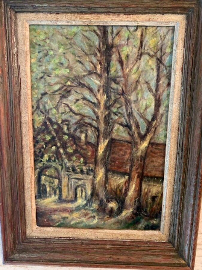 Null Anonimo "Paesaggio con alberi", olio su tela, situato a Bouygon. 33x21 cm