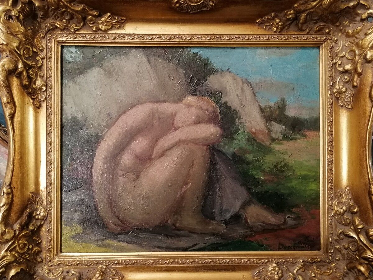 Null Paul Alex DESCHMAKER (1889-1973) "Nude crouching in a landscape" oil on can&hellip;