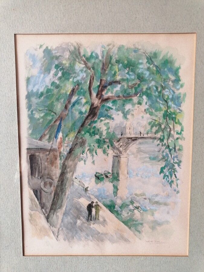 Null Charles Désiré BERTHOLD MAHN (1881-1975) "Pont des Arts "纸上水粉画，右下方有签名。22x17&hellip;