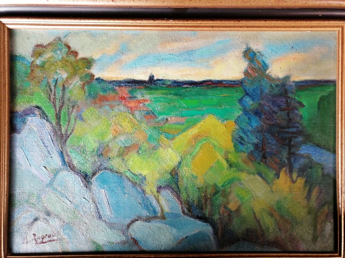 Null André RAGEADE "Landschaft mit blauen Felsen" Öl auf Isorel 37x53 cm