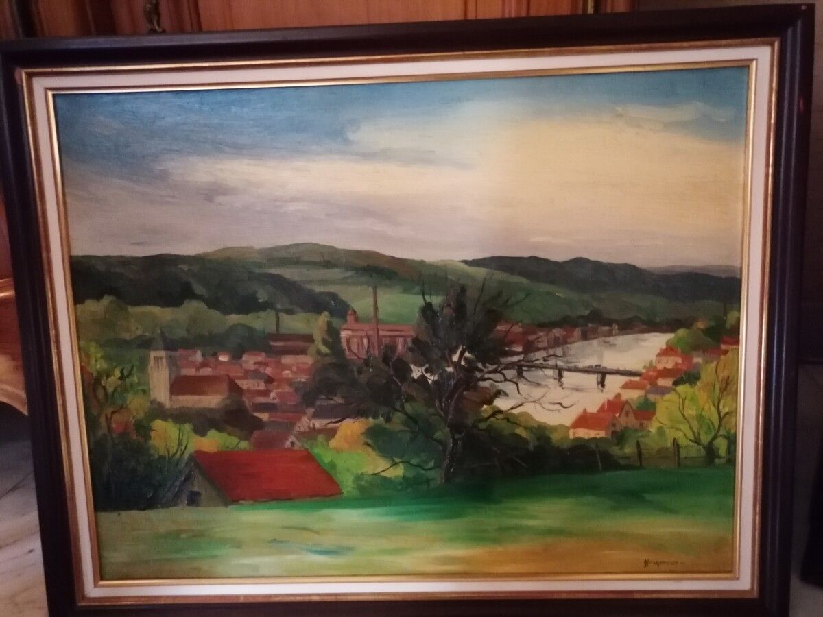 Null Jean FEUGEREUX (1923-1992) "Village au bord d'un fleuve", huile sur toile s&hellip;