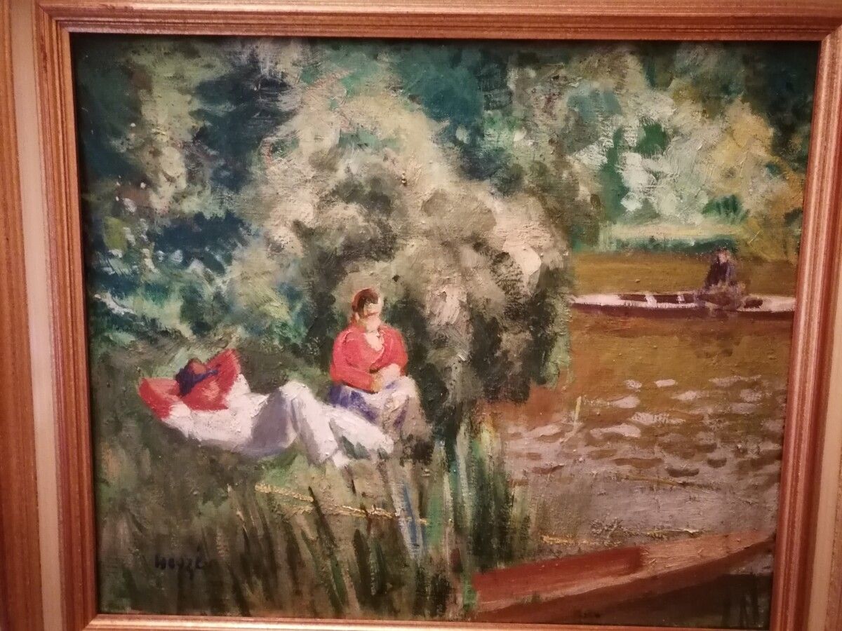 Null Edmond Amédée HEUZE (1884-1967) "la sieste près du canal", oil on canvas si&hellip;