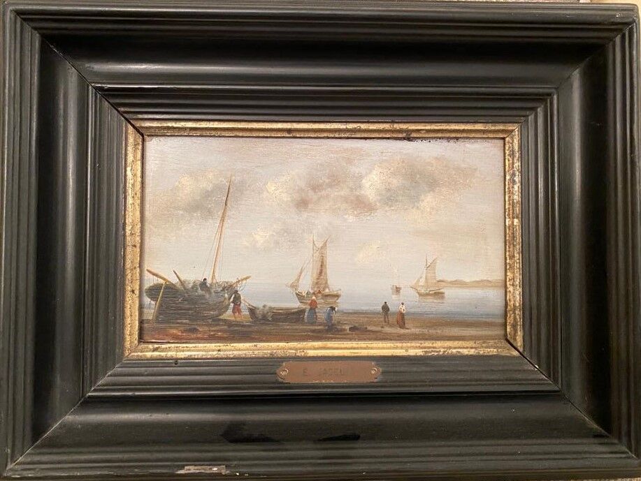 Null E. JACQUET "le départ des pêcheurs", huile sur panneau. 14 x 24 cm