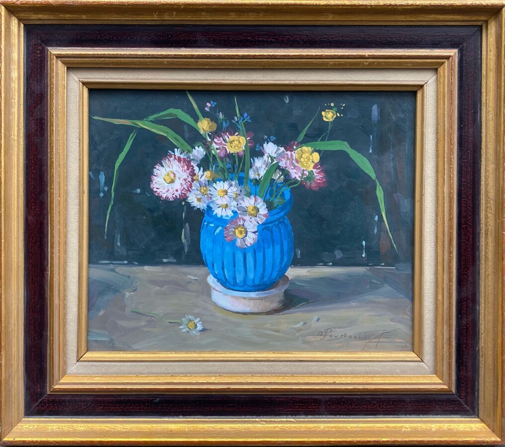 Null POUSTOCHKINE Basil ( 1883 / 1973 )
Vase de marguerites.
Huile sur panneau s&hellip;