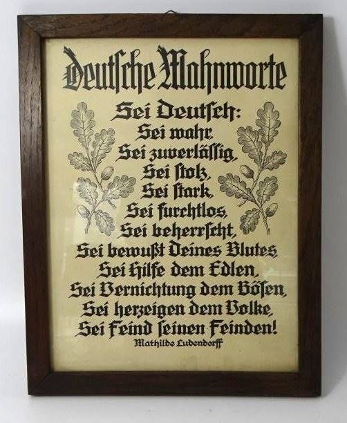 Null "Deutsche Mahnworte" de Matilda von Ludendorff, ger/verre, RG 34x27 cm