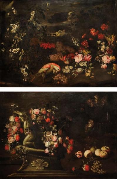 Ecole napolitaine du XVII ème Natures mortes, bouquet de fleurs avec un perroque&hellip;