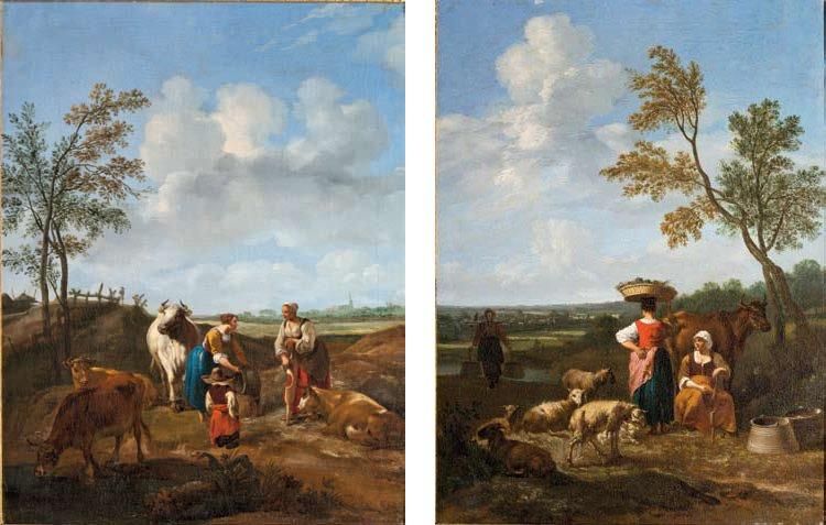 Hendrik MOMMERS (Vers 1623-1693) L'heure de la traite Toiles, une paire Portent &hellip;
