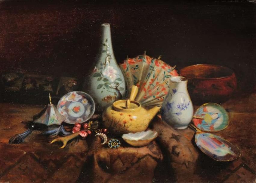 Norbert GOENEUTTE (1854-1894) Nature morte japonaise Huile sur panneau d'acajou &hellip;