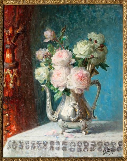 Pierre-Eugène MONTEZIN (1874-1946) Bouquet de roses dans une théière en argent, &hellip;