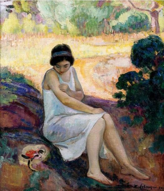 Henri LEBASQUE (1865-1937) Jeune femme au jardin, 1911 Huile sur toile, signée e&hellip;