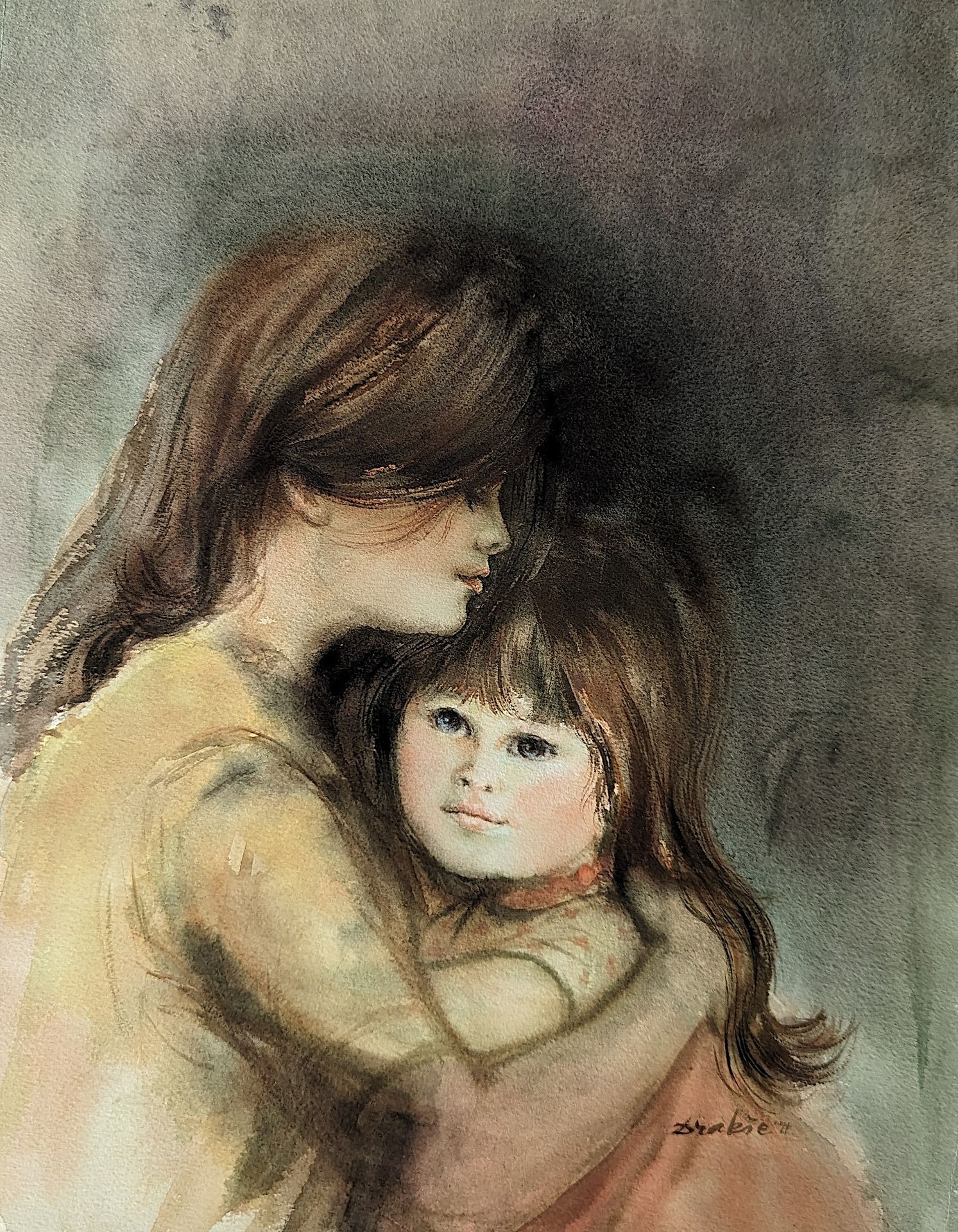 Vintage Original Watercolor Mixta Mother and Child Signed Provenance de la succe&hellip;