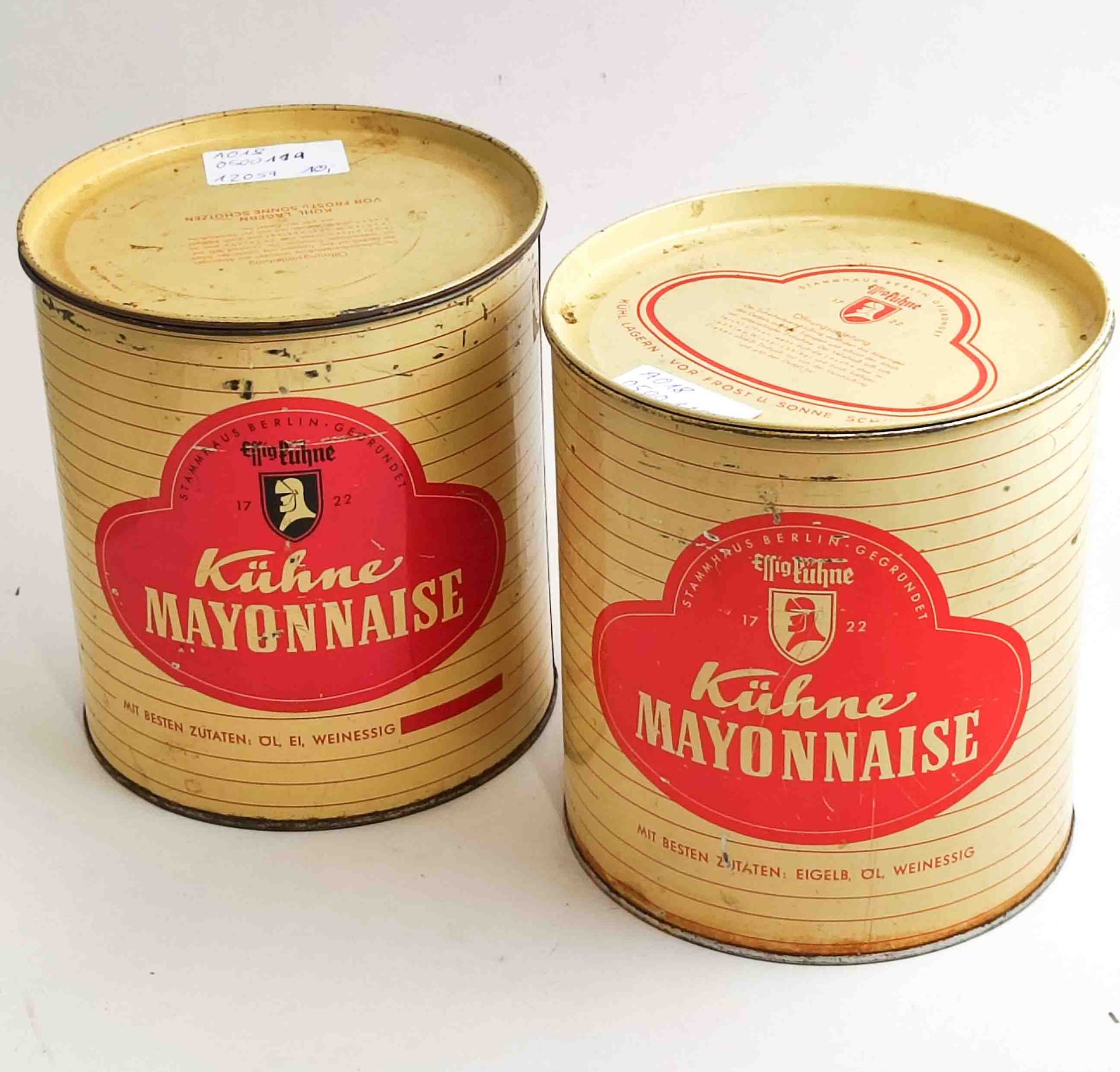Null 2 pcs. Boîtes à mayonnaise Kühne vintage, hauteur 22cm, Ø 20,5cm, traces d'&hellip;
