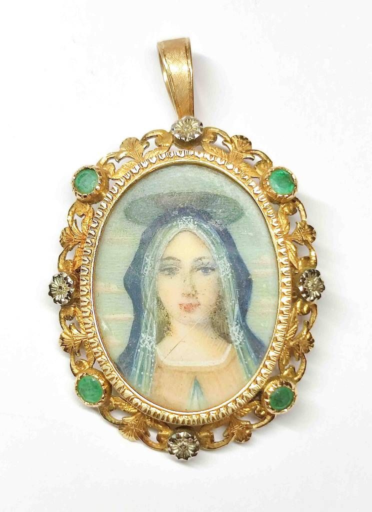 Null Ancienne broche sacrée en or 750/18K avec fine peinture miniature, Marie Mè&hellip;