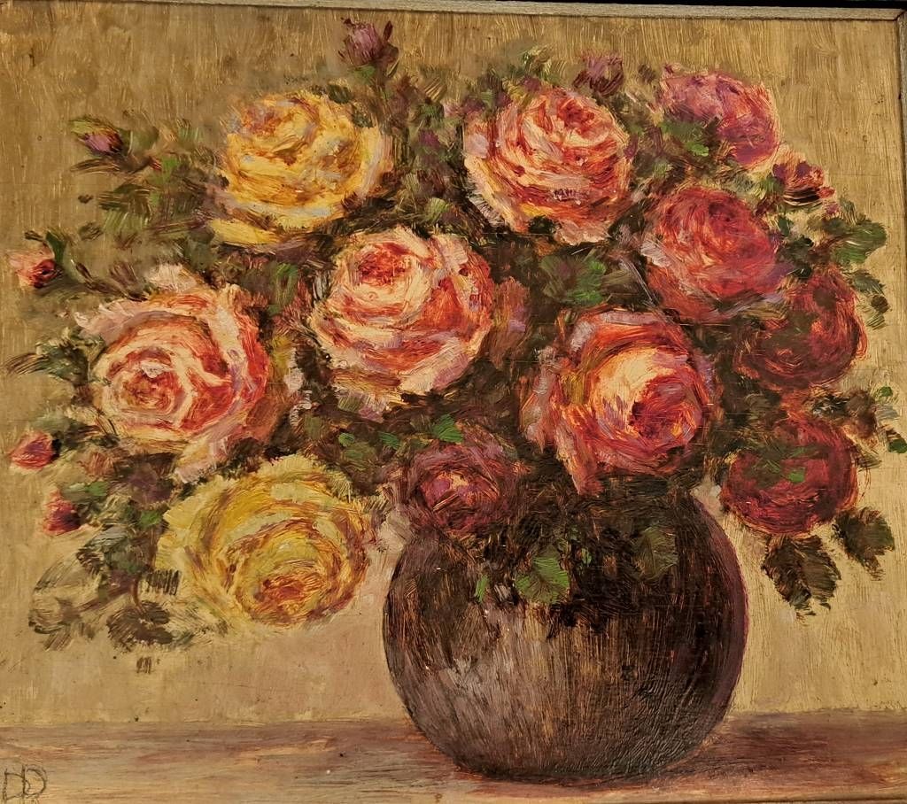 Null Peinture à l'huile ancienne, inconnue. Signature "PR", motif de roses, enca&hellip;