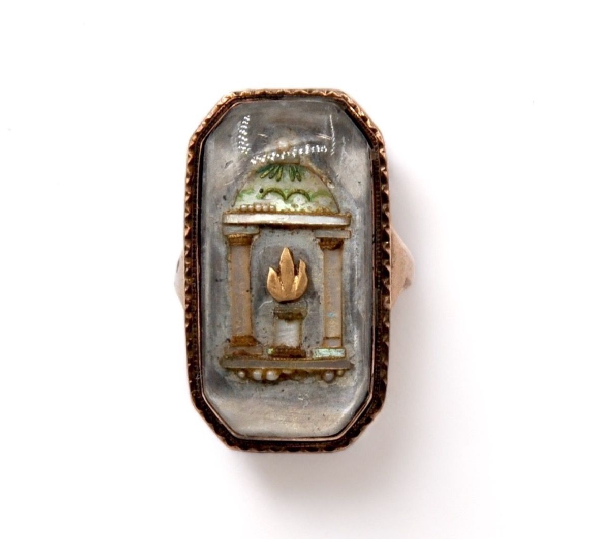 Null Alter Ring aus Pompon, achteckige Platte (3 x 1,7cm) mit einem Tempel / Mau&hellip;