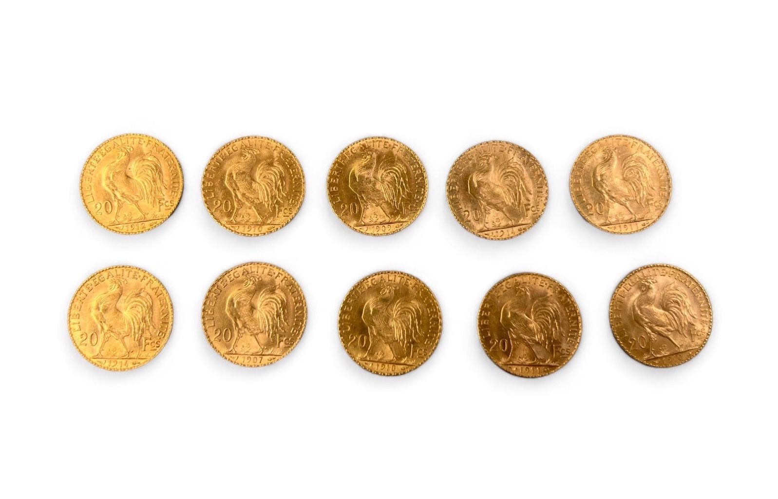 Null Lot de dix pièces 20 francs coq
1912, 1910x3, 1909, 1914x2, 1911x2, 1907,
P&hellip;