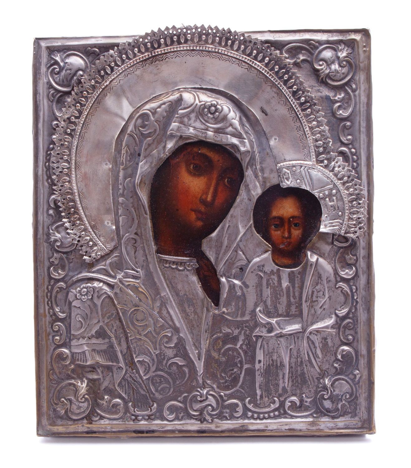 Our Lady Of Kazan, Handmade Russian Orthodox Icon 代表喀山圣母和圣婴的俄罗斯圣像。
 

手工雕刻和锤银下的油&hellip;