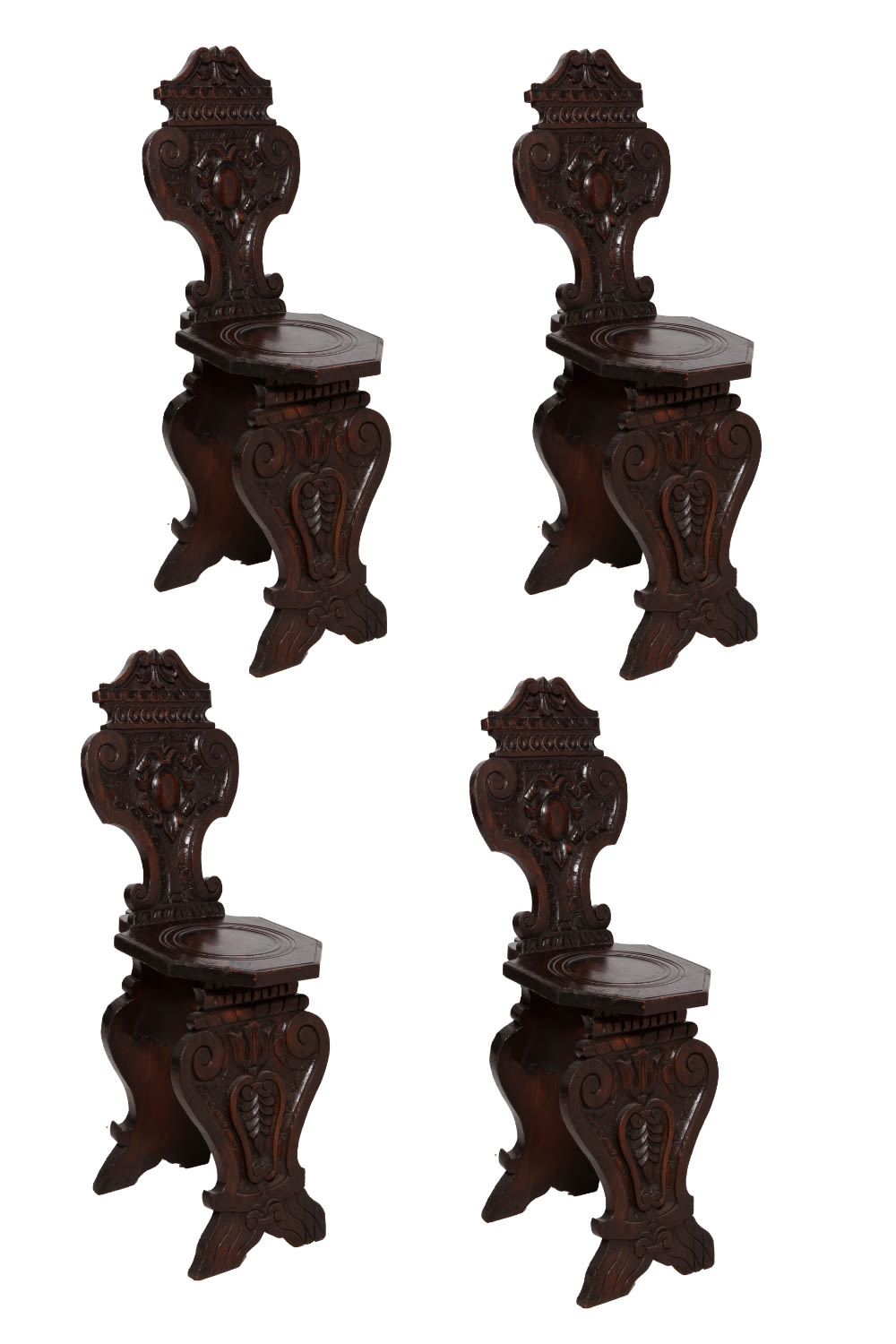 Set of Four Renaissance 19th Century Carved Church Chairs Schöne Stühle aus dunk&hellip;