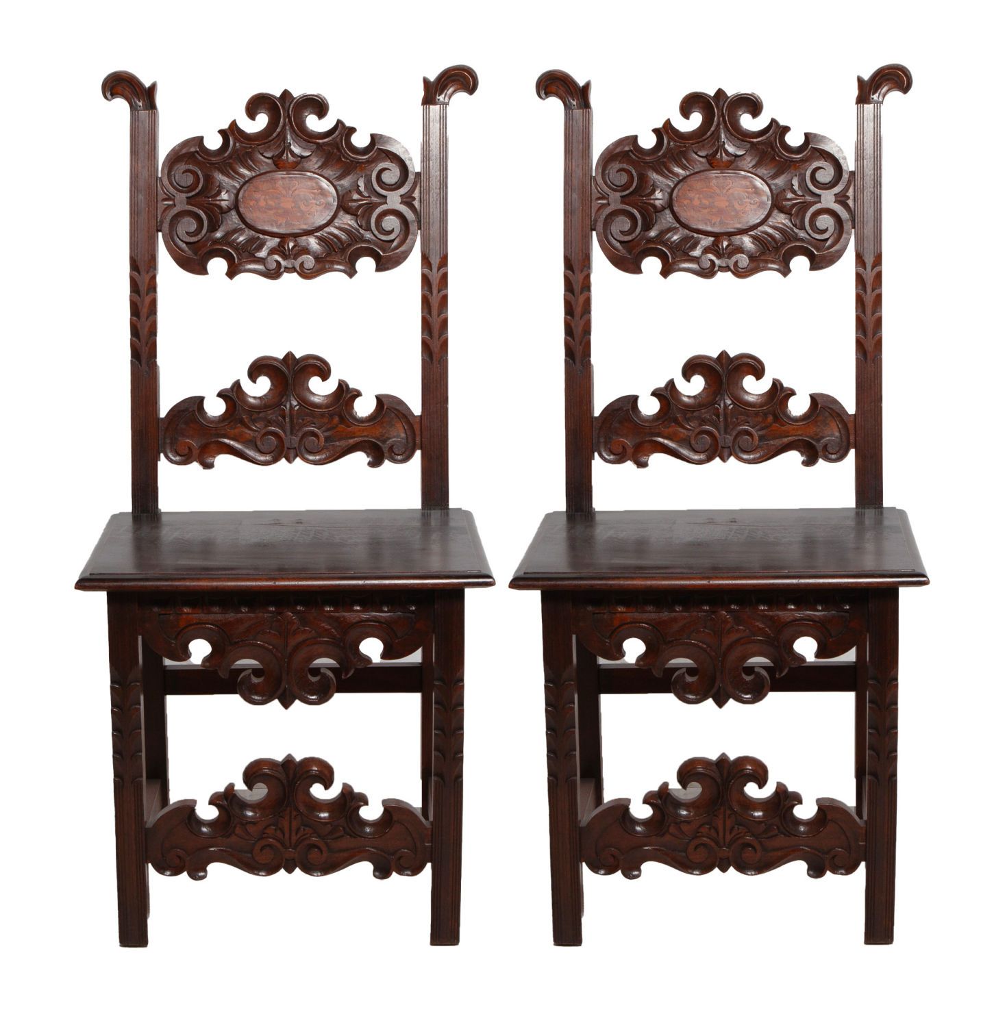 Pair of 19th Century Continental Inlay Wooden Chairs Pair of finely carved woode&hellip;