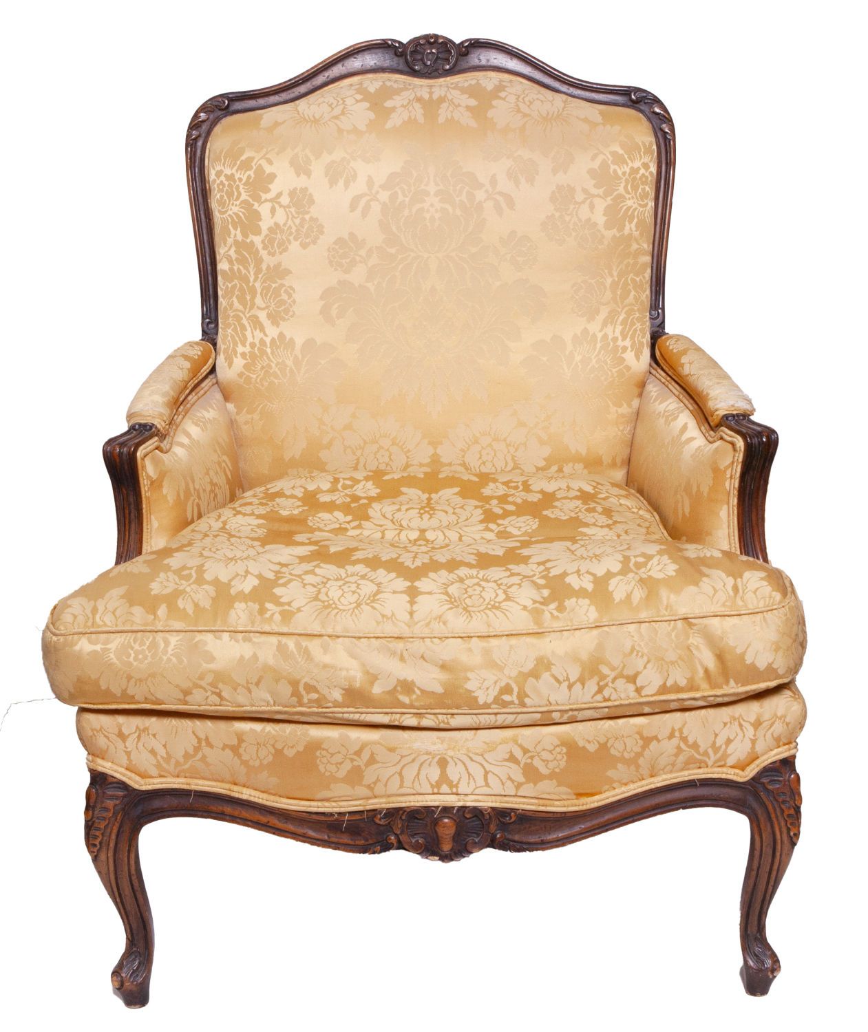 Upholstered Wooden French Style Armchair Carved wood details on the top and legs&hellip;