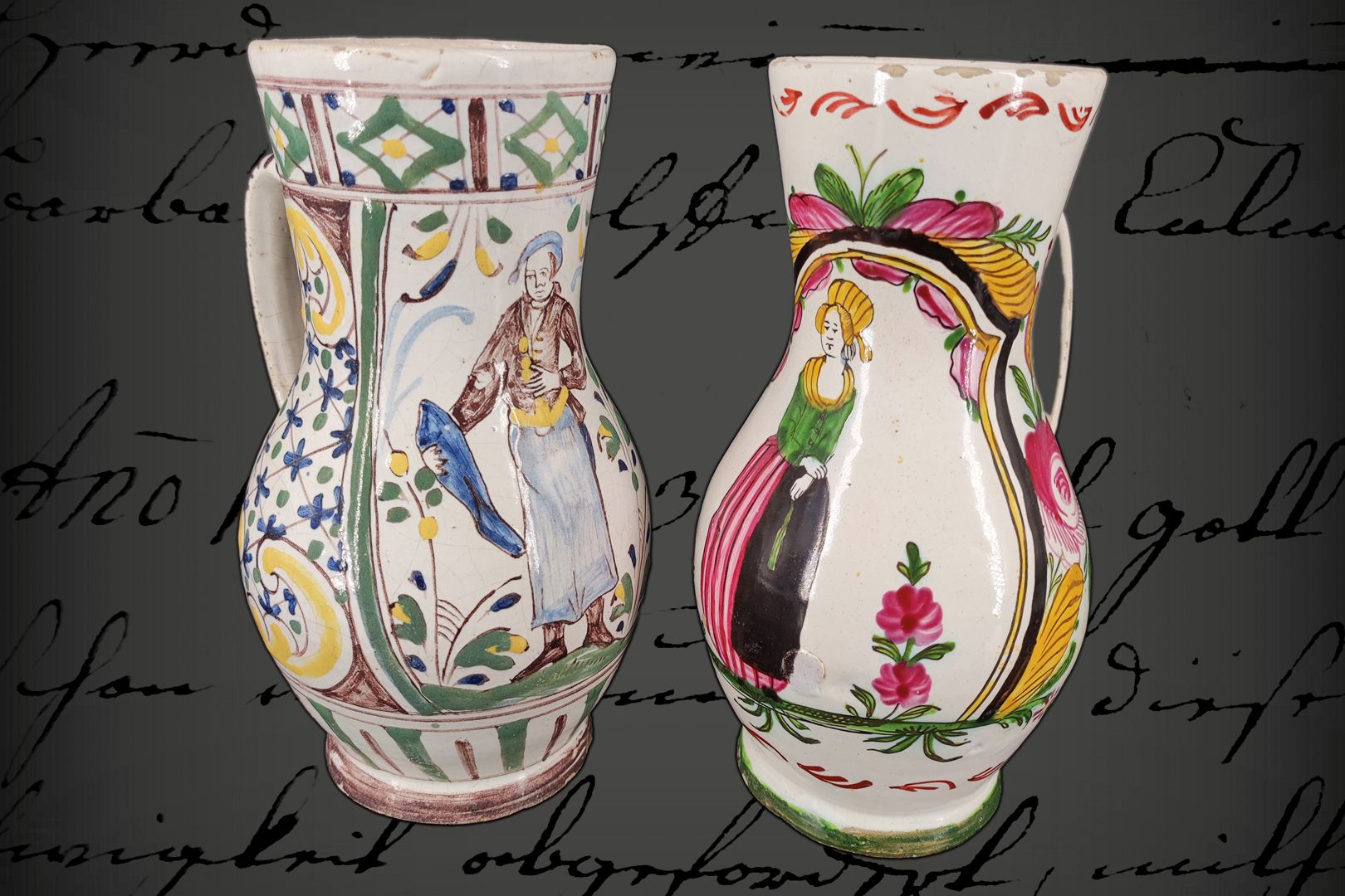 Null 2 pots à anse en faïence, peints de couleurs vives, probablement vers 1800,&hellip;