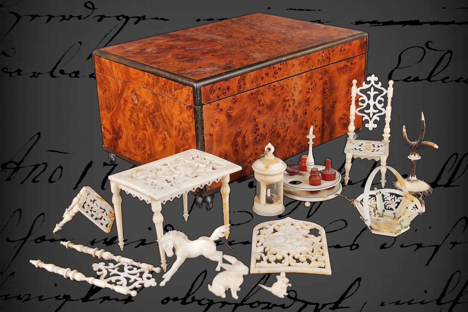 Null Mixed lot of doll's house miniature furniture, finest bone work, around 189&hellip;