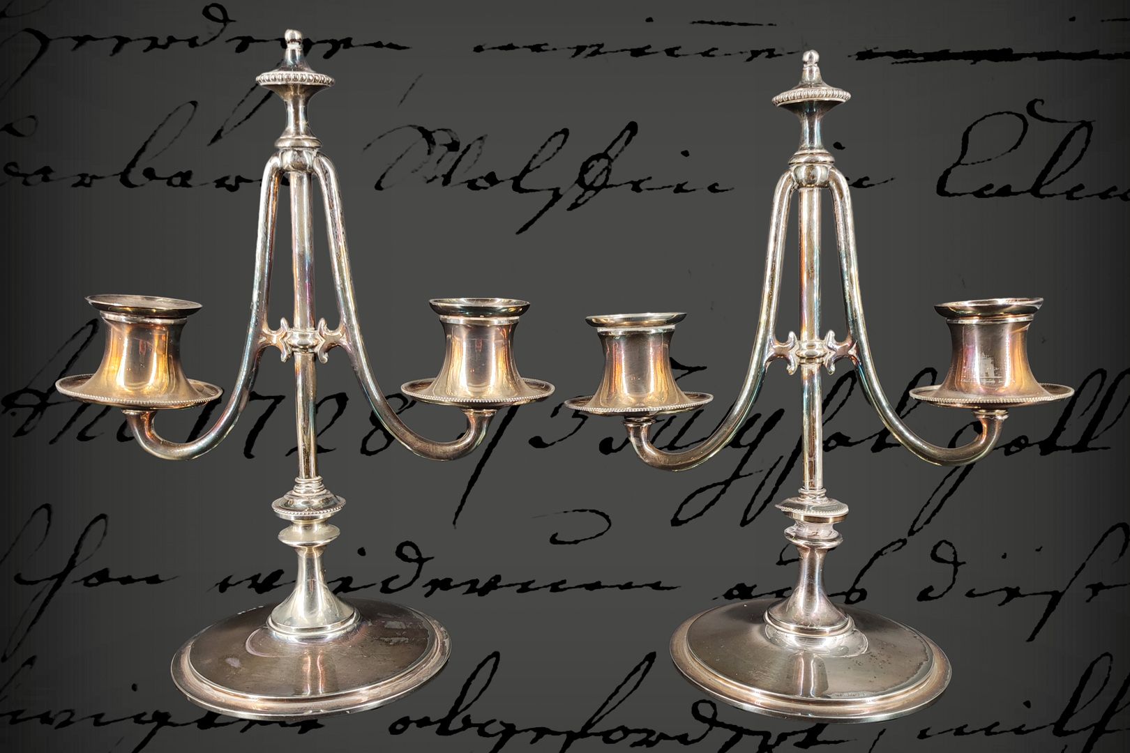 Null Paire de chandeliers en argent à 2 flammes, 19e siècle, estampillés Adler, &hellip;
