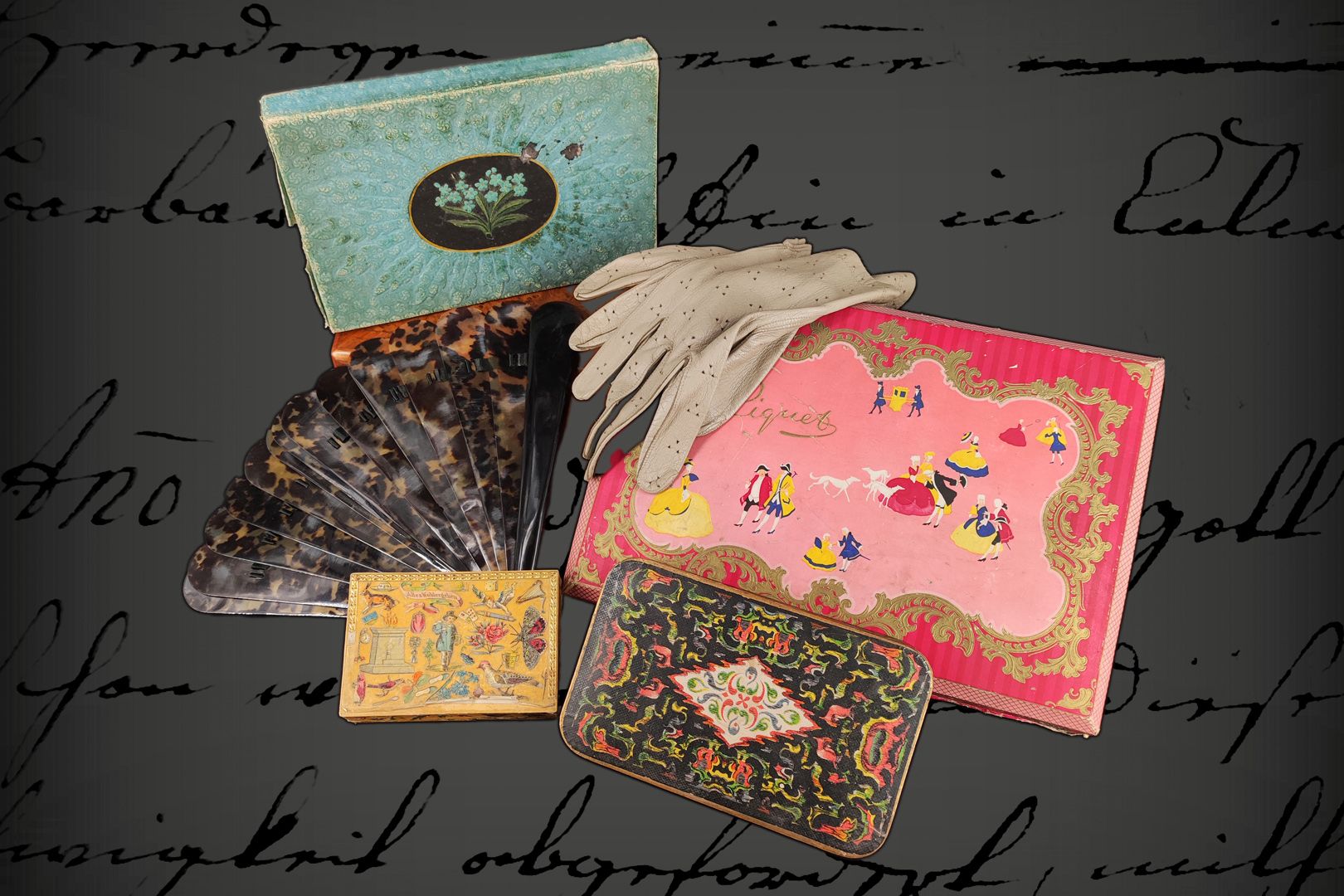 Null Conv. Accessoires de mode pour dame vers 1900, divers gants, dans un coffre&hellip;