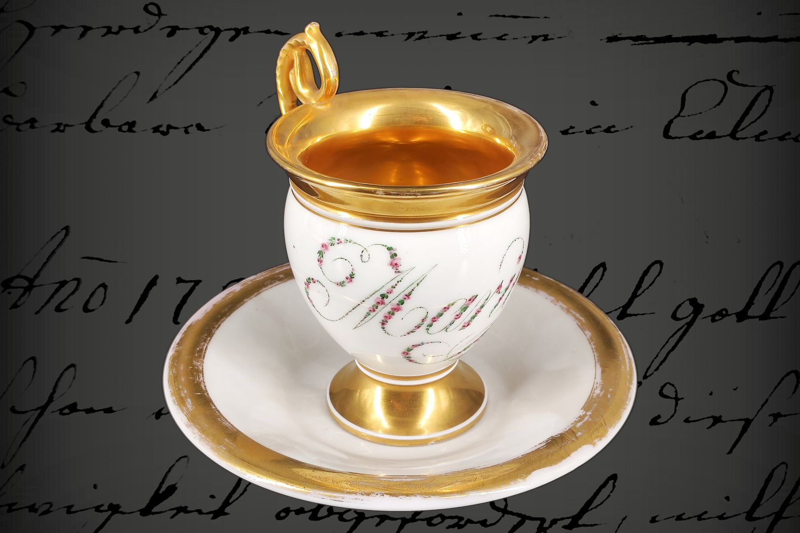 Null Tasse à café Biedermeier avec soucoupe, bord doré, inscription du nom "Mari&hellip;