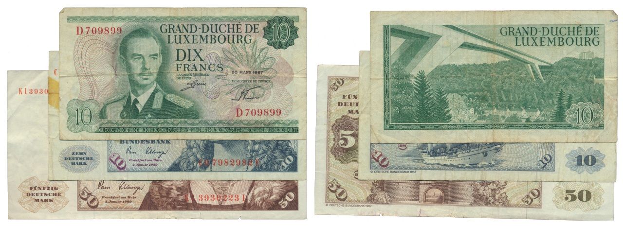 Paper Money - Alemanha/Luxemburgo 3 expl. 10, 50 Mark, 10 Francs 1967, 1980 Papi&hellip;