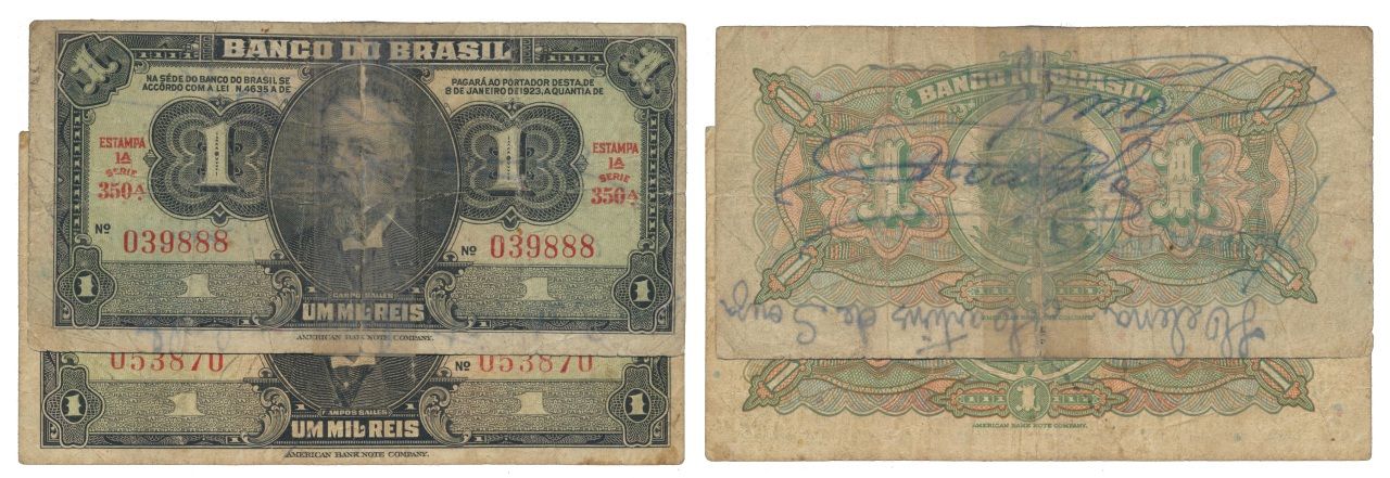 Paper Money - Brazil 2 expl. 1 Mil Réis L.1923 - ND (1944) Monnaie de papier - B&hellip;