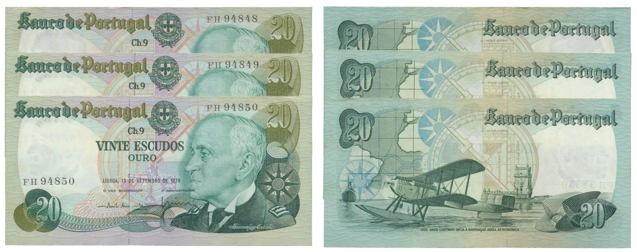 Paper Money - Portugal 3 expl. 20$00 ch. 9 1978, c/ Capicua Monnaie de papier - &hellip;