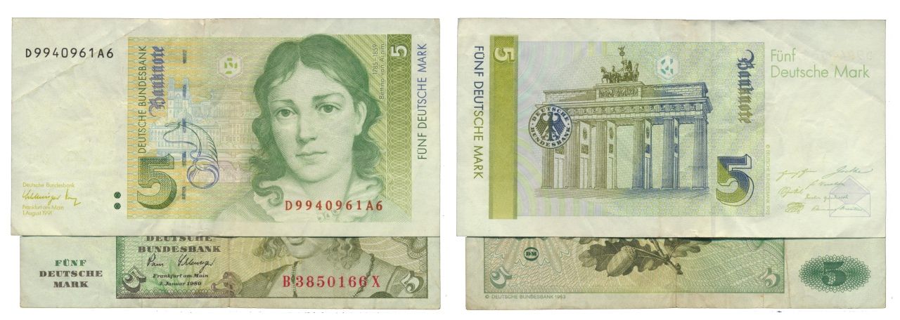 Paper Money - Germany 2 expl. 5 Mark 1980, 1991 Monnaie de papier - Allemagne 2 &hellip;