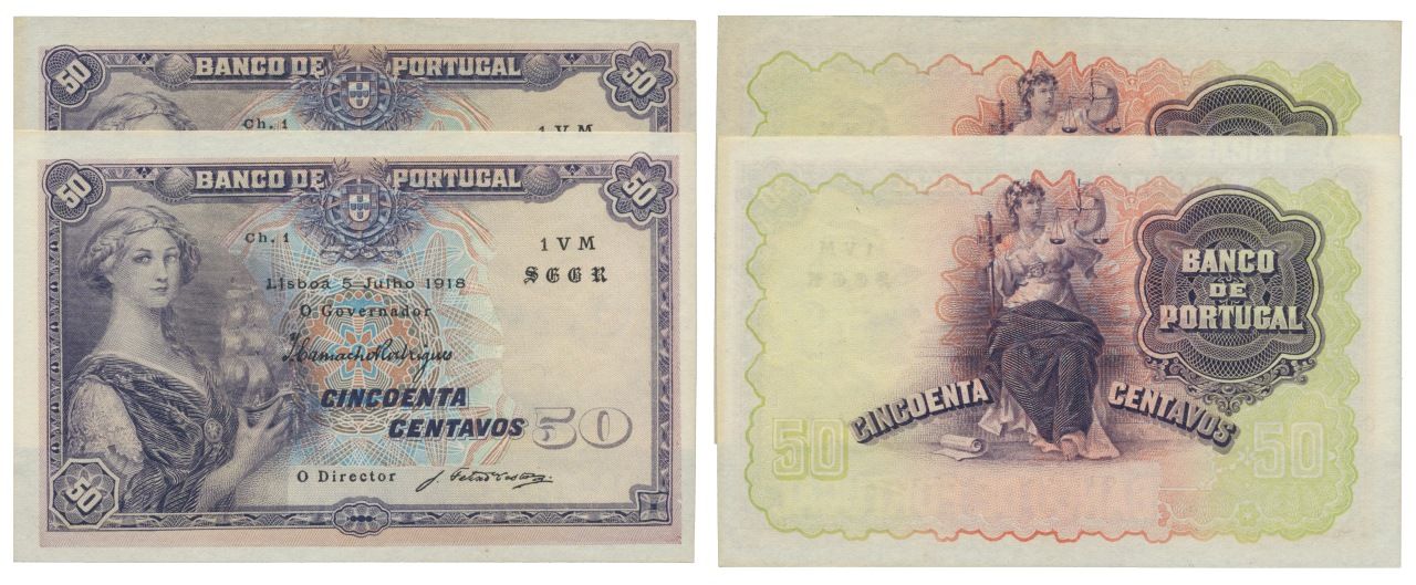 Paper Money - Portugal 2 expl. 50 Centavos ch. 1 1918 Papier-monnaie - Portugal &hellip;