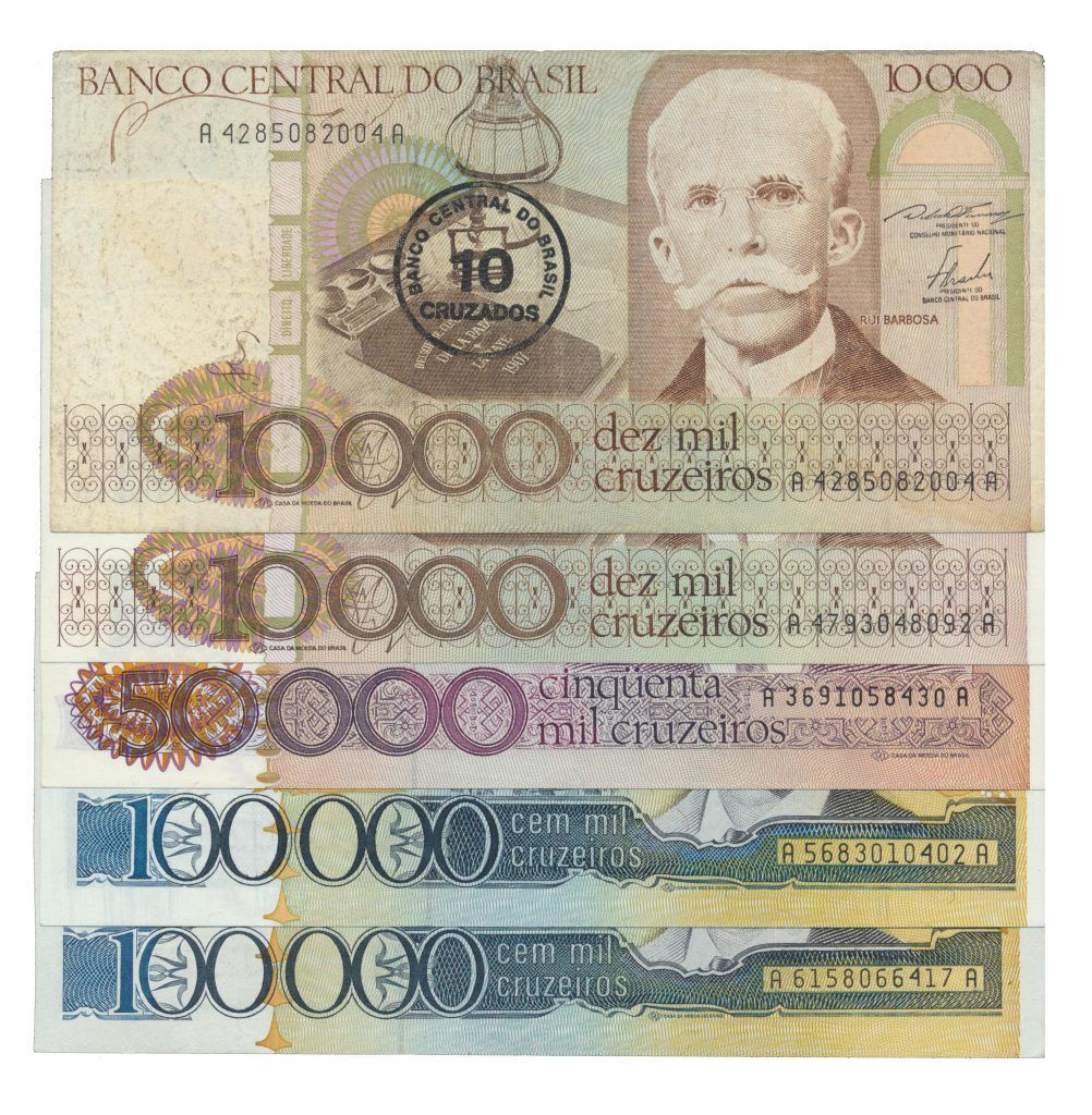 Paper Money - Brasil 5 expl. 10/10.000, 50/50.000, 100/100.000 Cruzados/Cruzeiro&hellip;