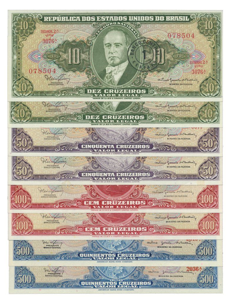 Paper Money - Brazil 8 expl.1 ctv/10, 5 ctvs/50, 10 ctvs/100, 50 ctvs/500 Cruzei&hellip;
