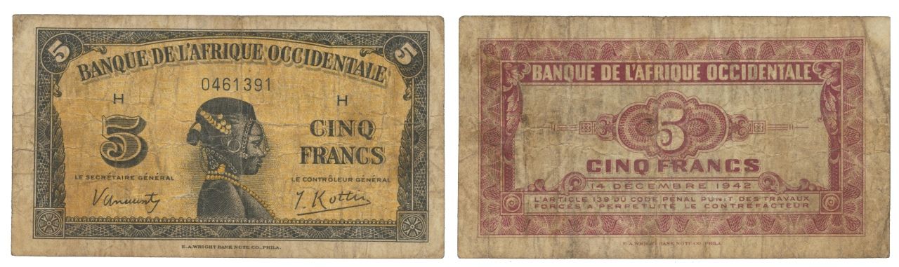 Paper Money - French West Africa 5 Francs 1942 Papier Monnaie - Afrique Occident&hellip;