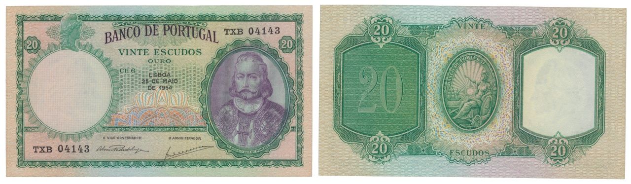 Paper Money - Portugal 20$00 ch. 6 1954 Monnaie de papier - Portugal 20$00 ch. 6&hellip;