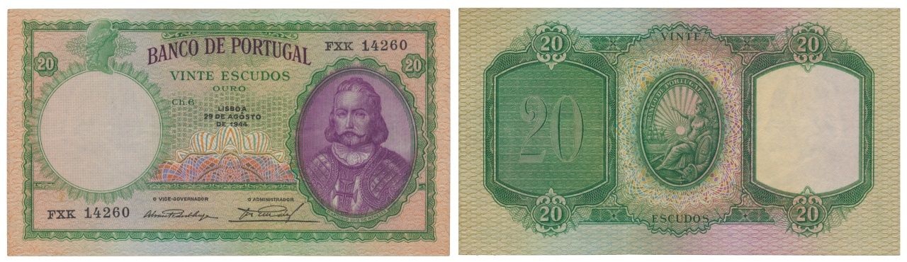 Paper Money - Portugal 20$00 ch. 6 1944 Monnaie de papier - Portugal 20$00 ch. 6&hellip;