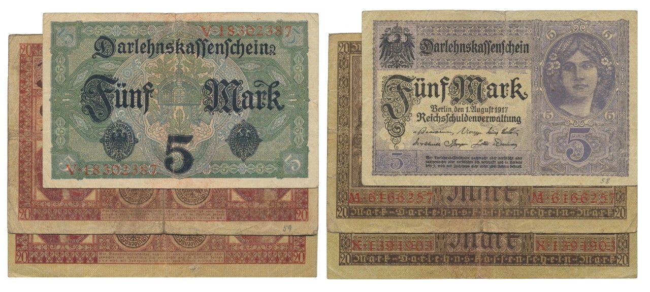 Paper Money - Germany 3 expl. 5, 20 Mark 1917-18 Papier-monnaie - Allemagne 3 ex&hellip;