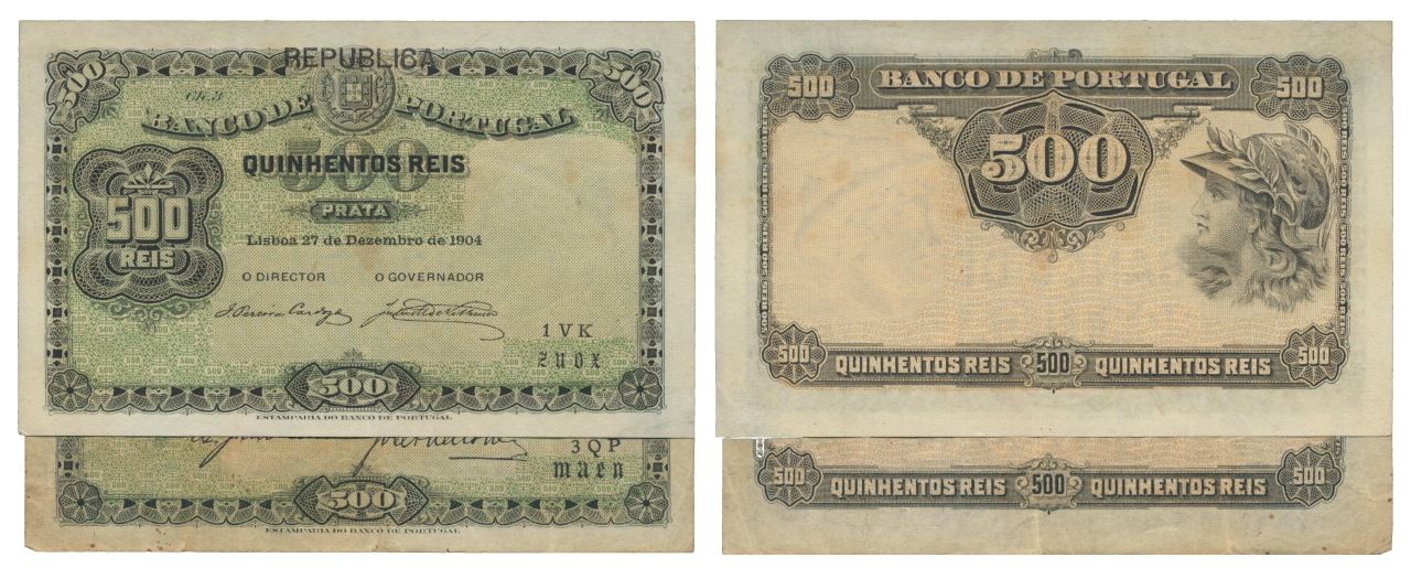 Paper Money - Portugal 2 expl. 500 Réis ch. 3 1904, 1910 Monnaie de papier - Por&hellip;