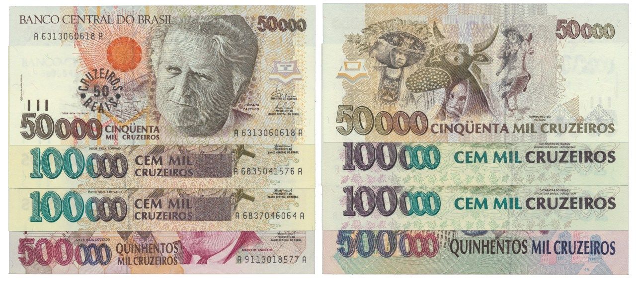Paper Money - Brasil 4 expl. 50.000, 100.000, 500.000 Cruzeiros ND (1993) Monnai&hellip;