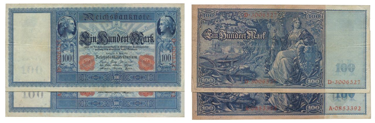 Paper Money - Germany 2 expl. 100 Mark 1910 Papier-monnaie - Allemagne 2 expl. 1&hellip;