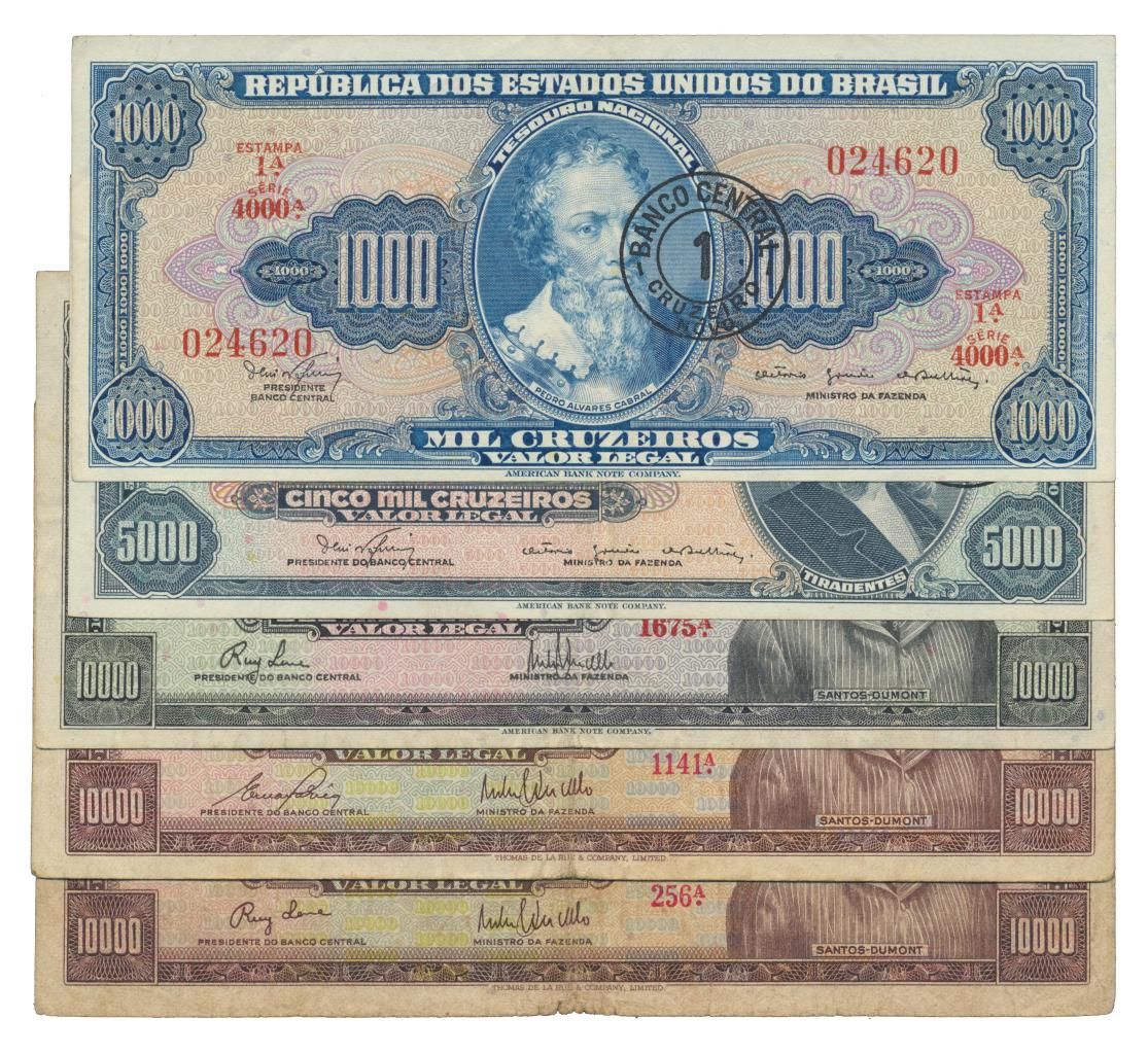 Paper Money - Brasil 5 expl.1/ 1000, 5 / 5000, 10 / 10.000 Cruzeiros ND (1966-67&hellip;