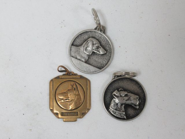 Null Lot de trois médailles pour chien en métal doré et argenté.