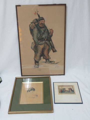 Null Lot of 3 framed pieces, including an etching representing a child, a lithog&hellip;