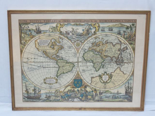 Null Mapa del mundo, reproducción moderna. Enmarcado bajo cristal. 42 x 55 cm