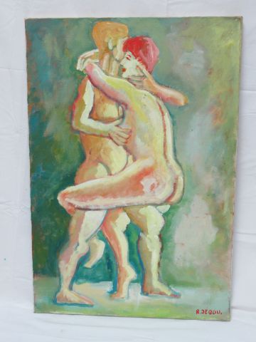 Null R JEGOU "Couple" 布面油画。SBD。背面有签名、标题和日期（1992年），73 x 50厘米